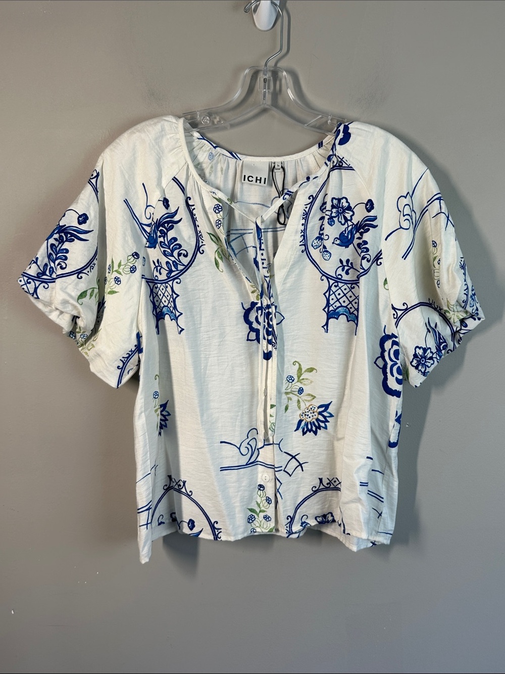 ICHI White Linen Blend Short Sleeve Button Down Top Size 36(8)